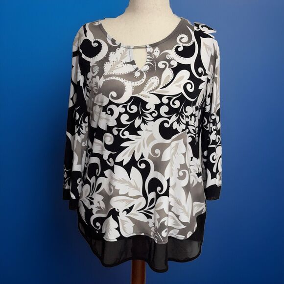 JM Collection 3/4 Sleeve Pullover Blouse Black White Tan Embellished Size XL - Picture 1 of 7